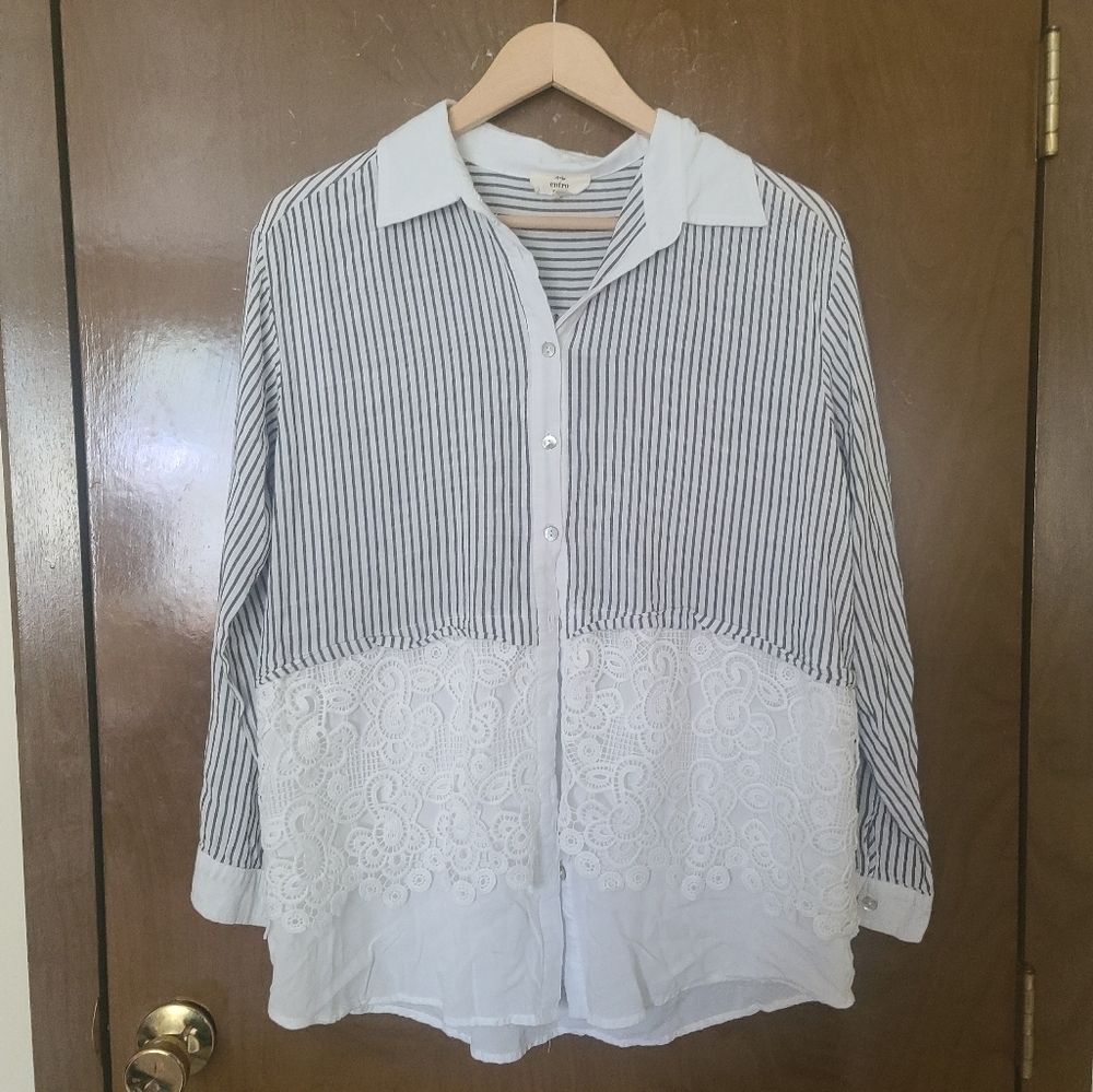 Entro button down contrast stripes and lace blouse size medium